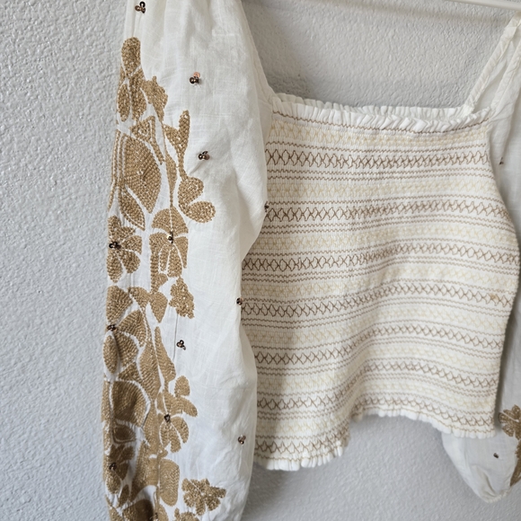 Anthropologie | White Gold Floral Embroidered Smocked Puff Sleeve Peasant Top S - Picture 3 of 12